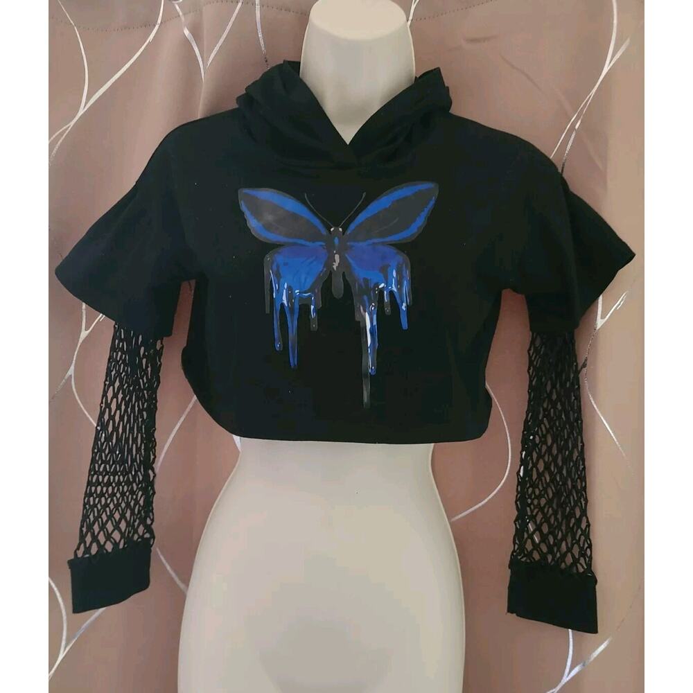 Girls Butterfly Hoodie Crop With Mesh Panel Sleeves Size 9-10 Years Fairy